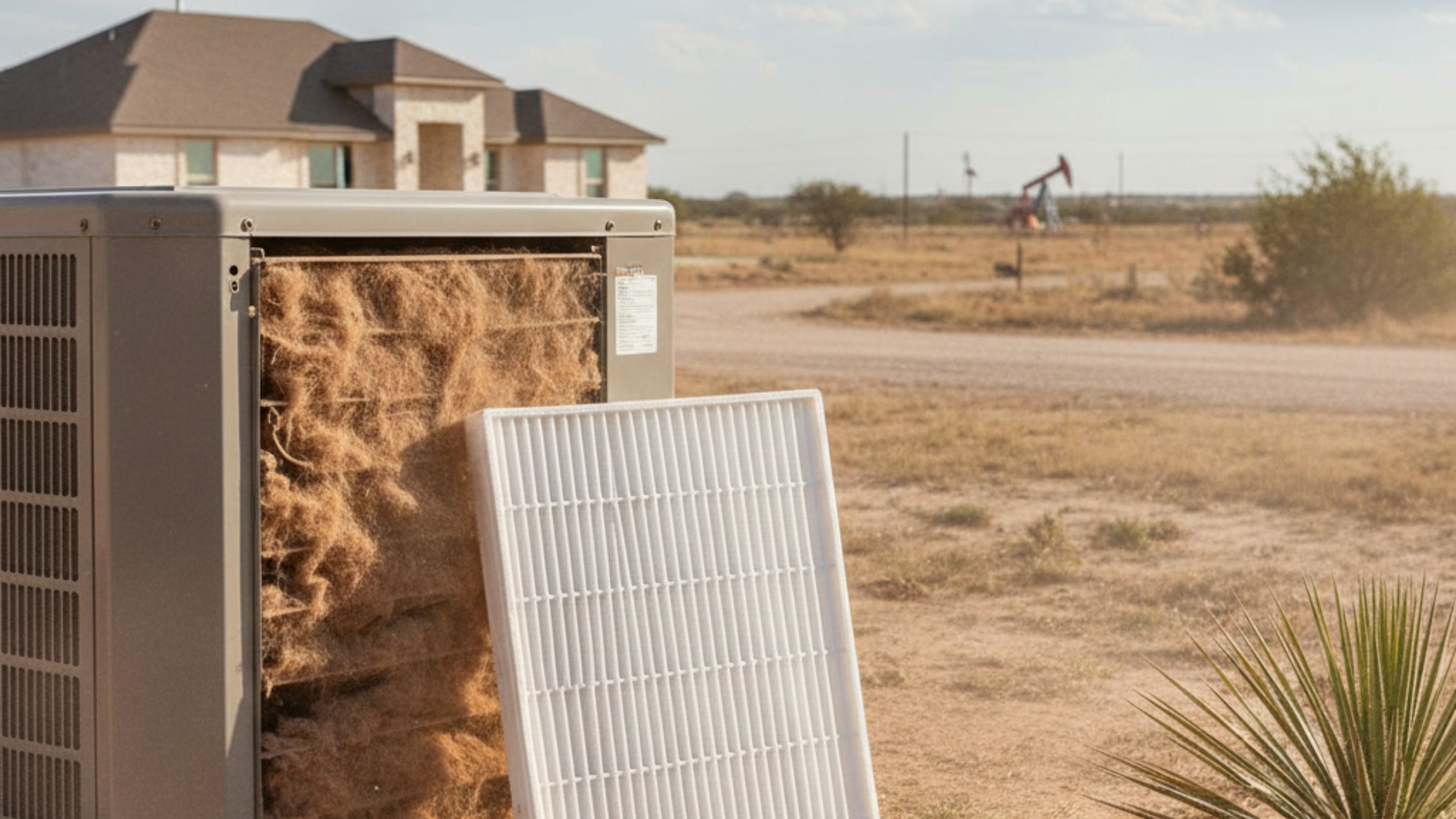 Dust-clogged condenser coil at a Permian Basin property with a pumpjack in the distance