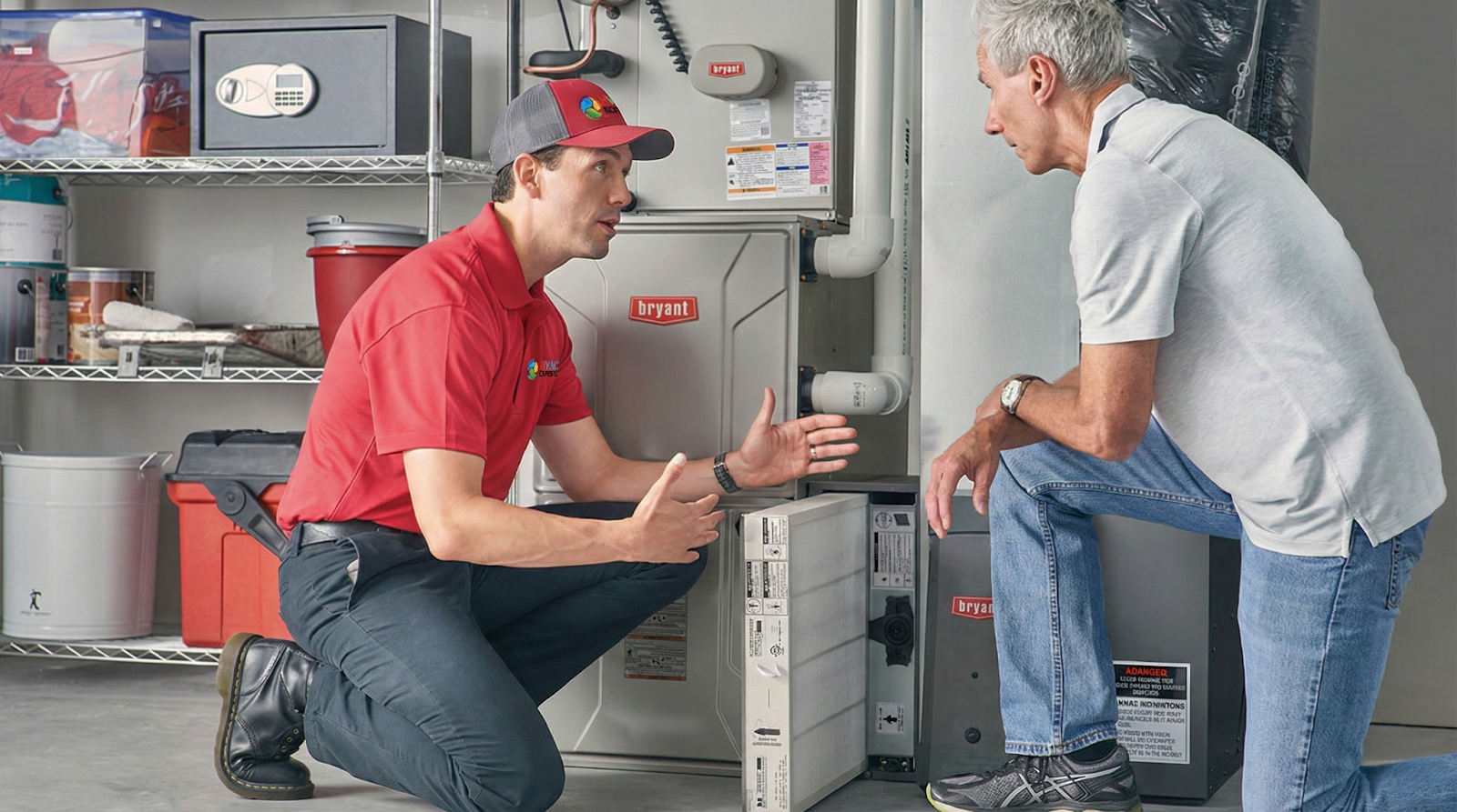 Technician walking a homeowner through a furnace filter check